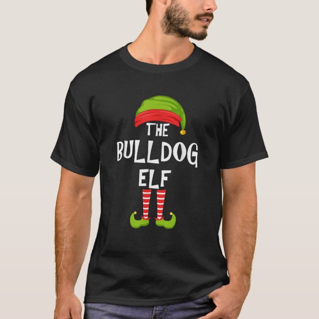 Bulldog Elf Matching Family Christmas Party Pajama T-Shirt (Front)