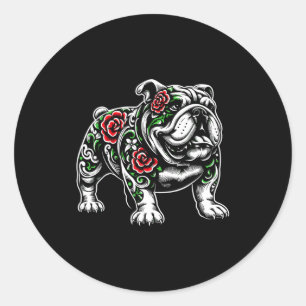Bulldog Floral Red Rose Mens Womens  Classic Round Sticker