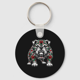 Bulldog Floral Red Rose Mens Womens Key Ring