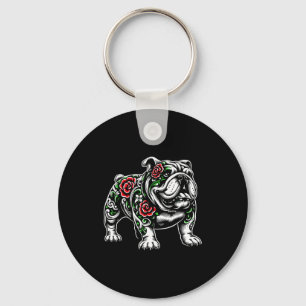 Bulldog Floral Red Rose Mens Womens Key Ring