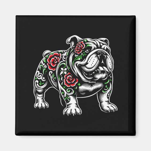 Bulldog Floral Red Rose Mens Womens  Magnet (Front)
