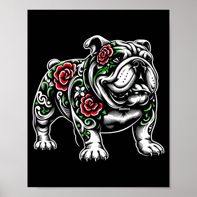 Bulldog Floral Red Rose Mens Womens  Poster (Front)