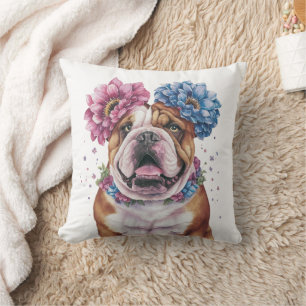 Bulldog Flower Crown Watercolor Print Cushion