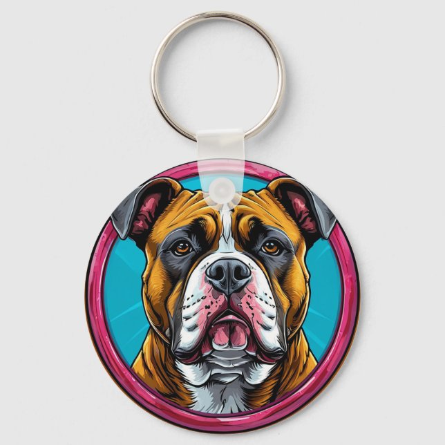 Bulldog Framed in a Circular Decorative Design Key Ring (Front)