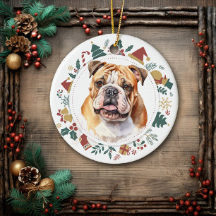 Bulldog Framed in Christmas Images Ceramic Tree Decoration
