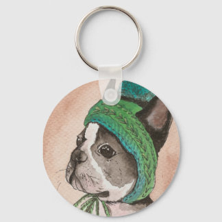 Bulldog Frances con gorro de lana Key Ring