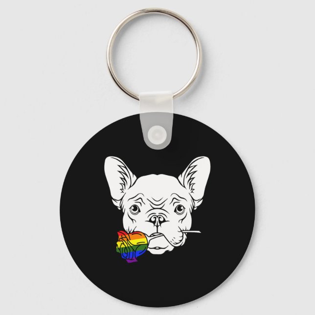 Bulldog Gay Pride Rose Lgbt-q Rainbow Frenchie Dog Key Ring (Front)