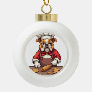 Bulldog Gingerbread Chef Ceramic Ball Christmas Ornament