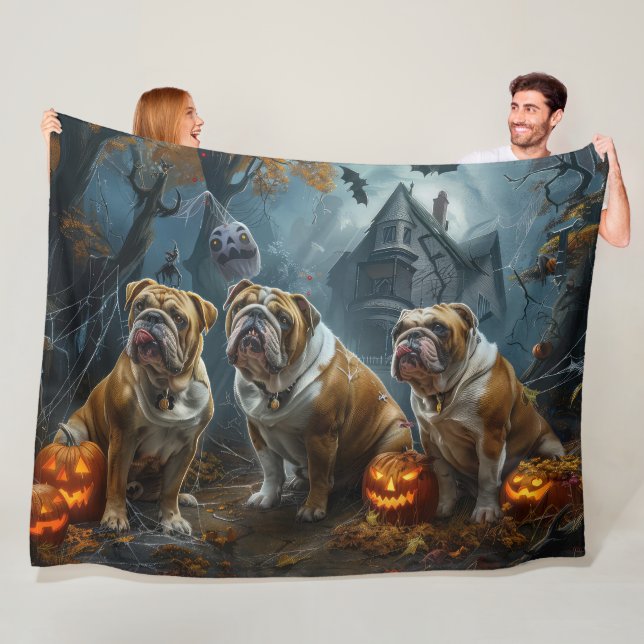 Bulldog Halloween Night Doggy Delight Fleece Blanket (In Situ)