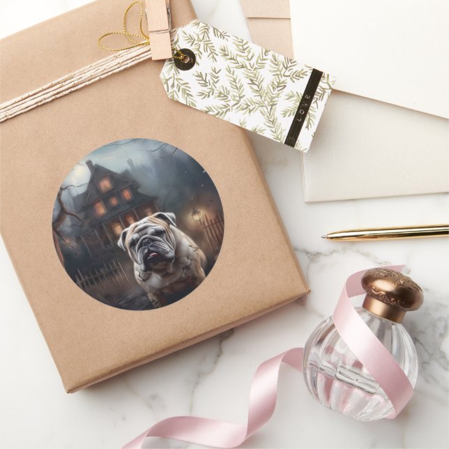 Bulldog Halloween Scary  Classic Round Sticker (Gifting)