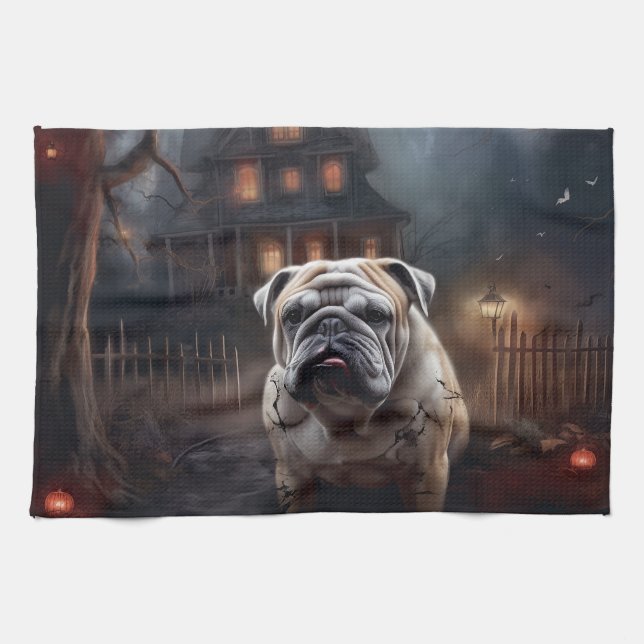 Bulldog Halloween Scary  Tea Towel (Horizontal)