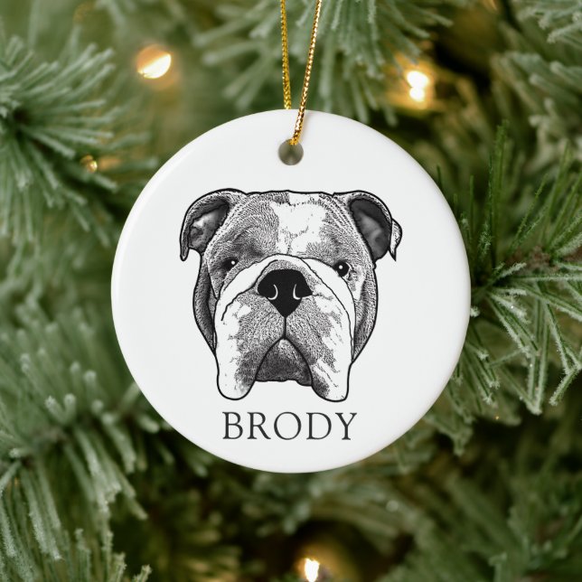 Bulldog Hand Drawing Personalised Ceramic Tree Decoration (Tree)