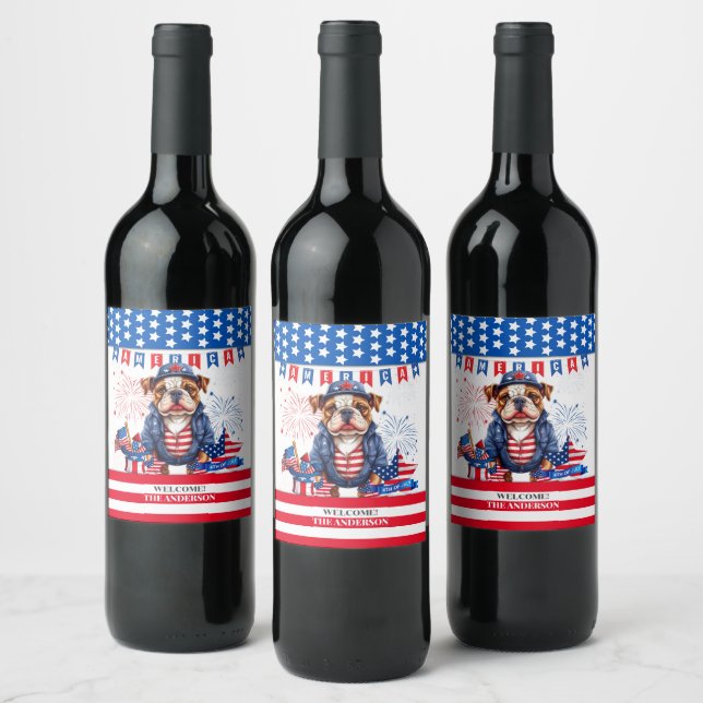 Bulldog Happy 4Th Of July America Independence Day Wine Label (Bottles)