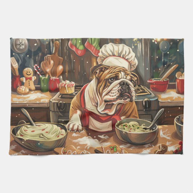 Bulldog Holiday Baking: Festive Christmas  Tea Towel (Horizontal)
