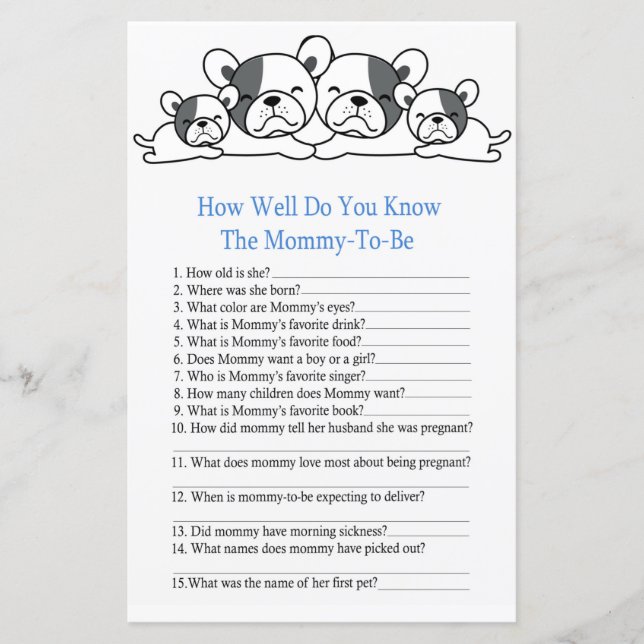 Bulldog How well do you know baby shower game (Front)