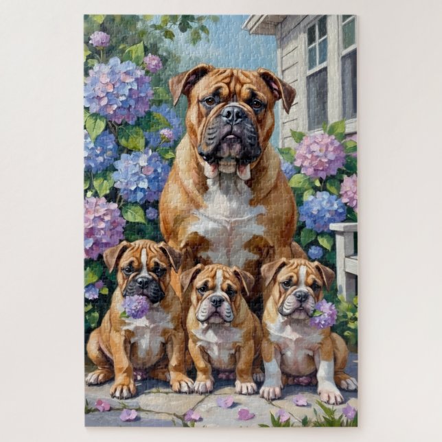 Bulldog Hydrangea Garden Art Jigsaw Puzzle (Vertical)