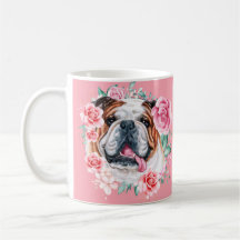 Bulldog illustration watercolor rose floral art