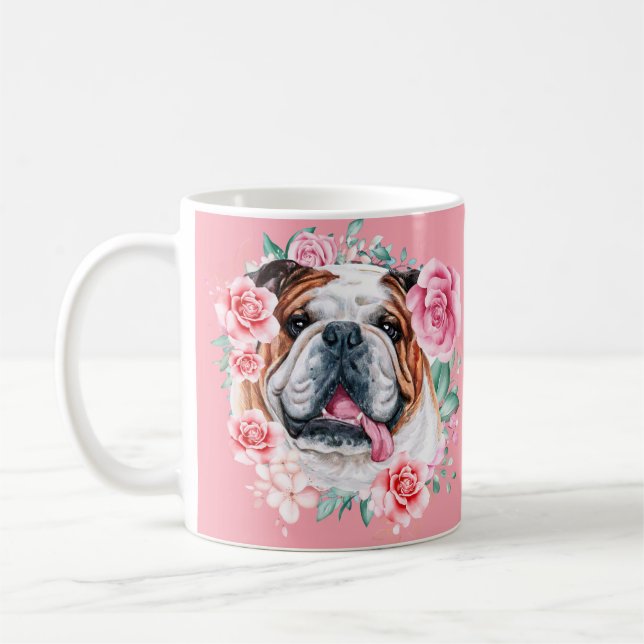 Bulldog illustration watercolor rose floral art coffee mug (Left)