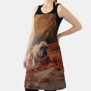 Bulldog in Autumn Leaves Fall Inspire  Apron