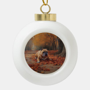 Bulldog in Autumn Leaves Fall Inspire Ceramic Ball Christmas Ornament