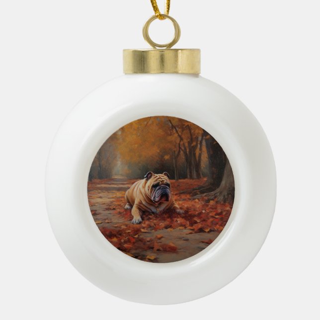 Bulldog in Autumn Leaves Fall Inspire  Ceramic Ball Christmas Ornament (Front)