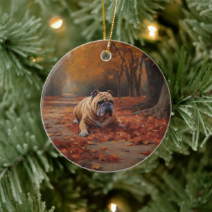 Bulldog in Autumn Leaves Fall Inspire Ceramic Tree Decoration