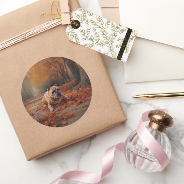 Bulldog in Autumn Leaves Fall Inspire  Classic Round Sticker (Gifting)