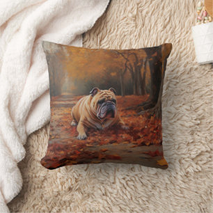 Bulldog in Autumn Leaves Fall Inspire  Cushion