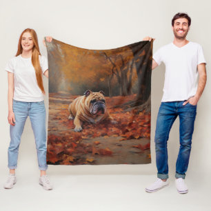 Bulldog in Autumn Leaves Fall Inspire  Fleece Blanket
