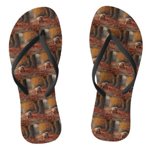 Bulldog in Autumn Leaves Fall Inspire  Flip Flops