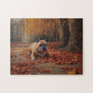 Bulldog in Autumn Leaves Fall Inspire Jigsaw Puzzle