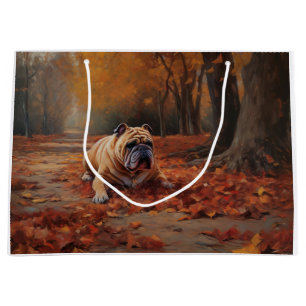 Bulldog in Autumn Leaves Fall Inspire  Large Gift Bag