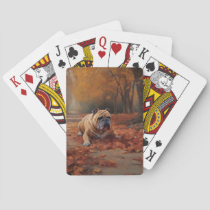 Bulldog in Autumn Leaves Fall Inspire  Playing Cards
