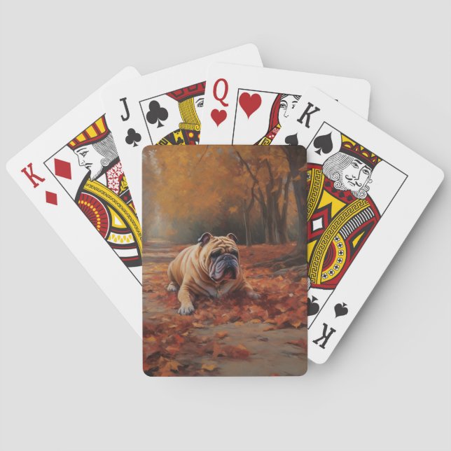 Bulldog in Autumn Leaves Fall Inspire  Playing Cards (Back)