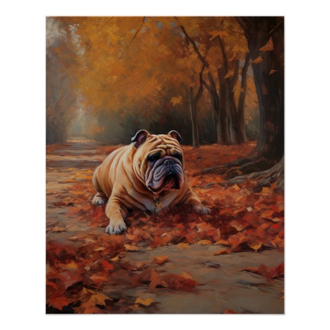 Bulldog in Autumn Leaves Fall Inspire  Poster (Front)