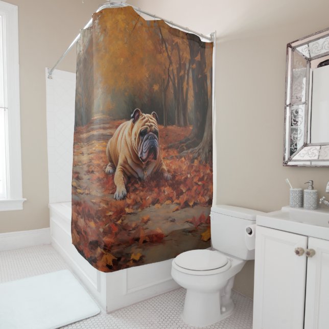 Bulldog in Autumn Leaves Fall Inspire  Shower Curtain (In Situ)