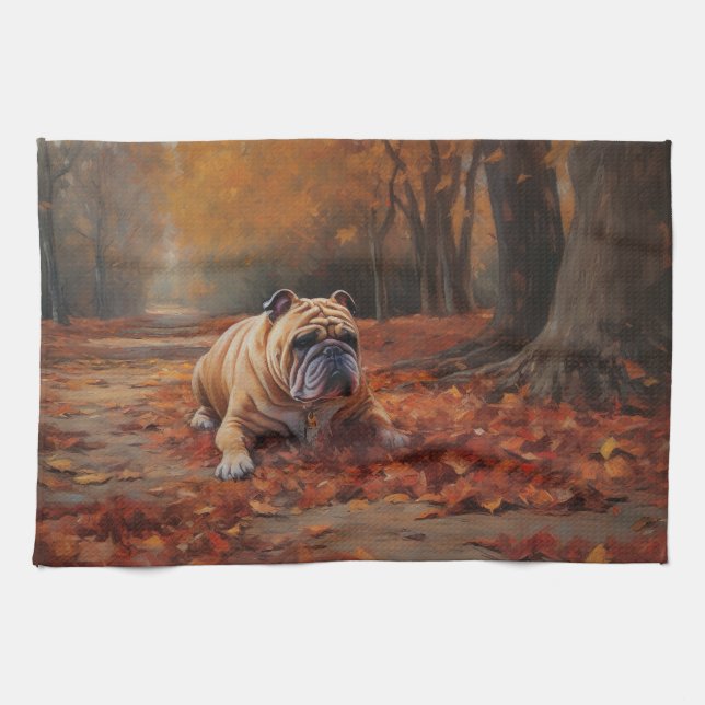 Bulldog in Autumn Leaves Fall Inspire  Tea Towel (Horizontal)