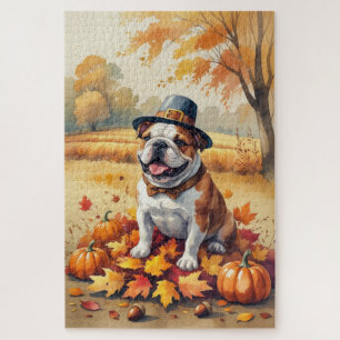 Bulldog In Autumn Leaves Thanksgiving Art Jigsaw Puzzle