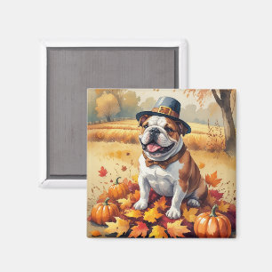 Bulldog In Autumn Leaves Thanksgiving Art Magnet