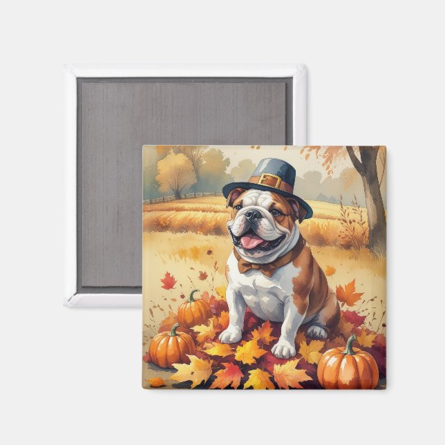Bulldog In Autumn Leaves Thanksgiving Art Magnet (Front/Back)