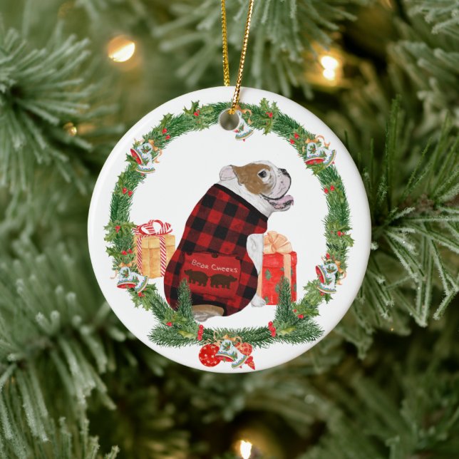 Bulldog in Christmas Wreath Ceramic Tree Decoration (Tree)