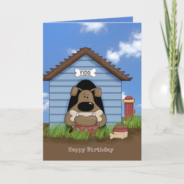 bulldog in dog house for birthday card (Front)