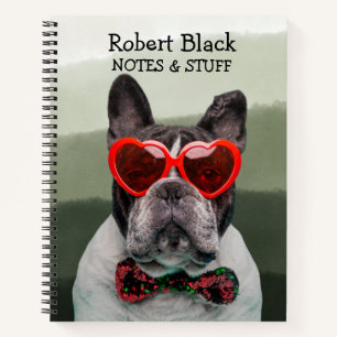 Bulldog in heart glasses and bow tie notebook