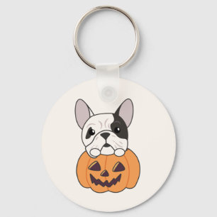 Bulldog In Pumpkin Cute Dogs Happy Halloween Keych Key Ring