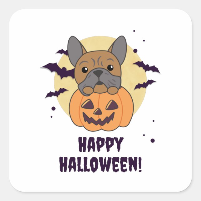 Bulldog In Pumpkin Cute Dogs Happy Halloween Square Sticker (Front)