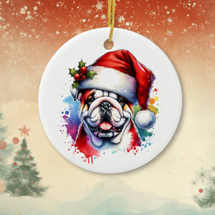 Bulldog in Santa Hat Personalised Christmas Ceramic Tree Decoration
