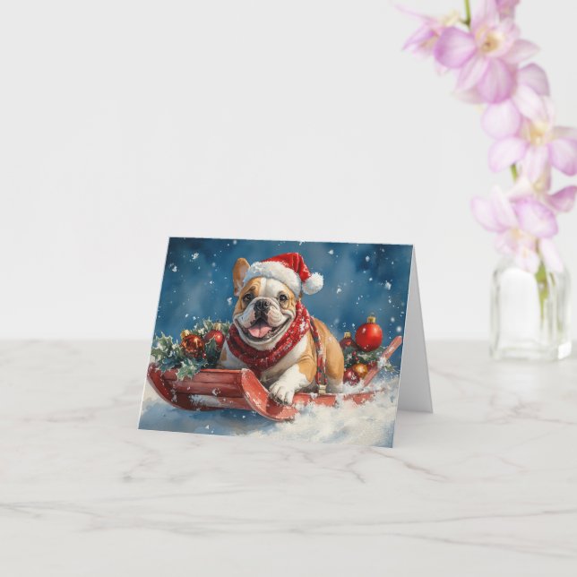 Bulldog in Sledge Let it Snow Christmas Card (Orchid)