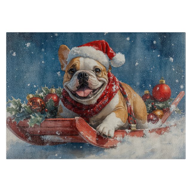 Bulldog in Sledge Let it Snow Christmas Cutting Board (Front)