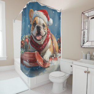 Bulldog in Sledge Let it Snow Christmas Shower Curtain
