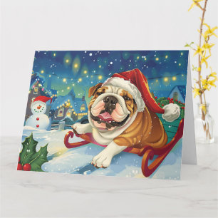 Bulldog in Sleigh Snow Christmas Card